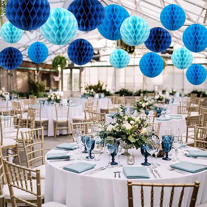Blue Paper Honeycomb Balls, 6 and 10 inch Hanging Tissue Pompoms, 12 Pack Party - Image 4