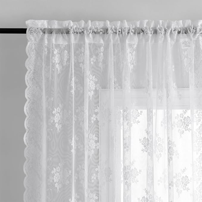 Kotile White Lace Curtains for Bedroom Country Floral 42 x 63 Inch 2 Panels | - Image 3