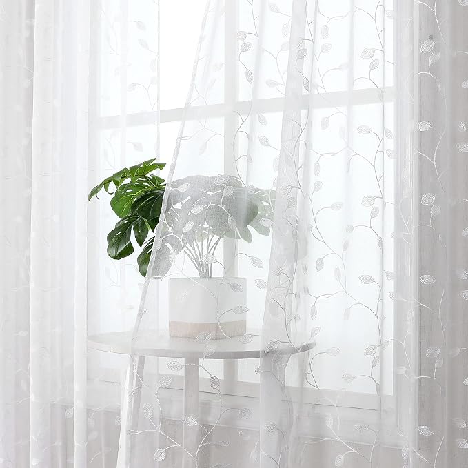 Tollpiz Leaves Short Sheer Tier Curtains White Leaf Embroidery Kitchen Half - Image 2