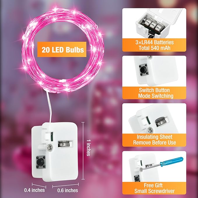 6 Pack Fairy Lights Battery Operated - 7ft 20 Led Twinkle Lights 3 Modes, Bulk Mini String Lights Waterproof for Mason Jars Vases DIY Party Wedding Decoration Christmas - Pink
