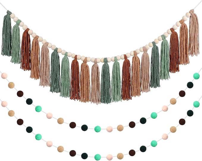 Hahafelt 3 Pcs Sage Green Brown Tassel Garland, Pom Pom Tassel Garland by Hahafelt