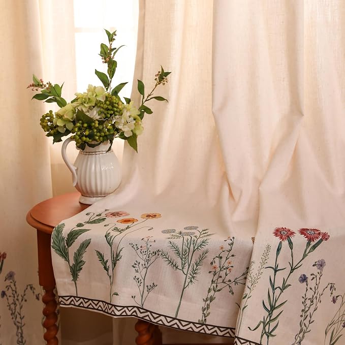 Designer French Linen Printed Curtain, 2 Panels, Light Beige Decor Draps - Image 2