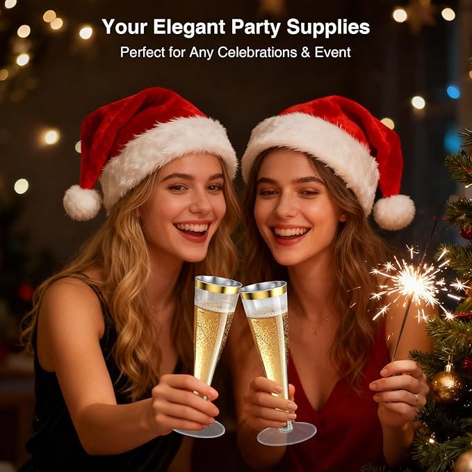 100 Pack Champagne Flutes Plastic Wine Glasses Disposable, 4.5 Oz Gold Rim Mimosa Glasses for 2025 Engagement Wedding Birthday New Years Eve Xmas Party Supplies, Bulk Toasting Cocktail Cups