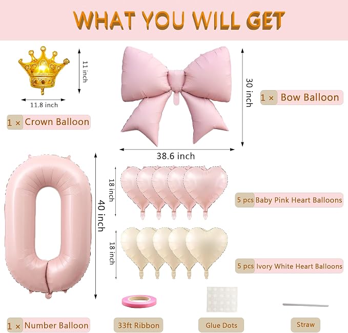 LilyZheng Pastel Pink Number 0 Foil Balloon Set, Baby Pink 0 Balloon & Bow - Image 2