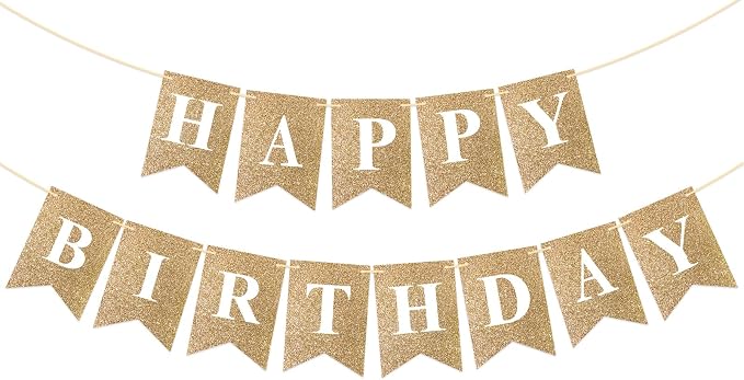 Pre-Strung Gold Happy Birthday Banner Glitter Birthday Party Banner NO DIY | - Image 8