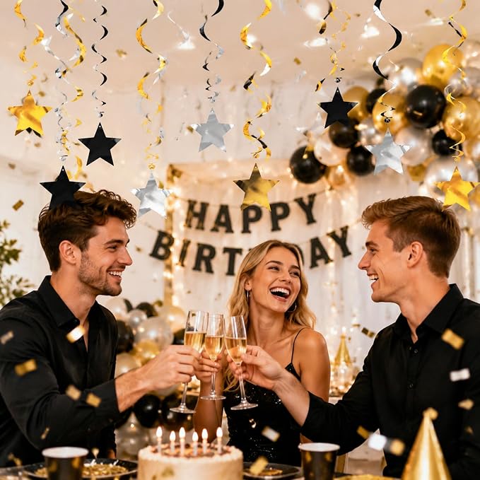 Silver Gold Black Star Hanging Swirl Decorations Ceiling Swirl Foil Decoration - Image 6