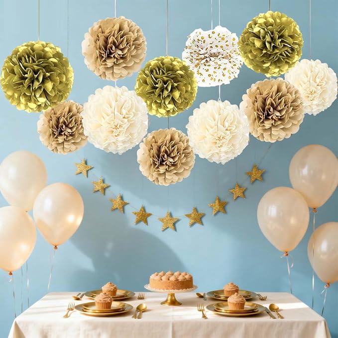 BRZIKWT 12 Pcs White Gold Tissue Paper Pom Poms - Image 3