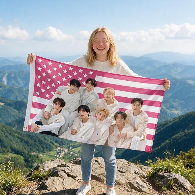 Stray Kids Tapestry Pink American Flag Banner, Group Novelty Design, 3ft x 5ft - Image 2