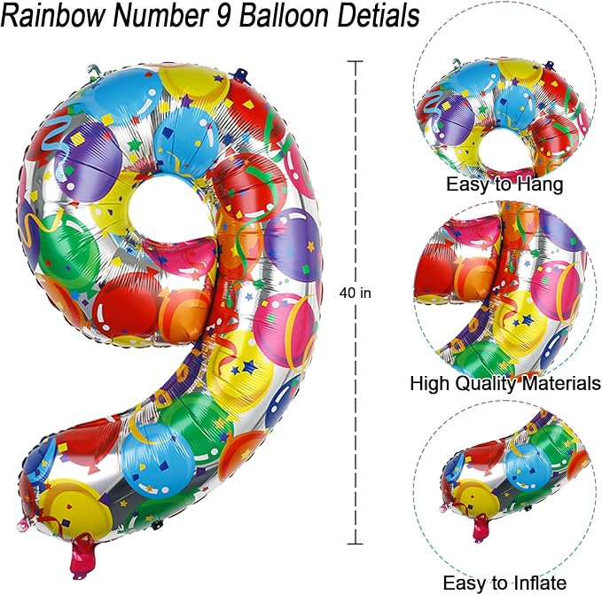 Rainbow Number 9 Balloon, 40 Inch Large Foil Helium Number Balloons 0-9 - Image 4