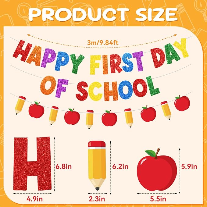 Happy First Day of School Decorations, Pre-Strung Back to School Banner | - Image 2
