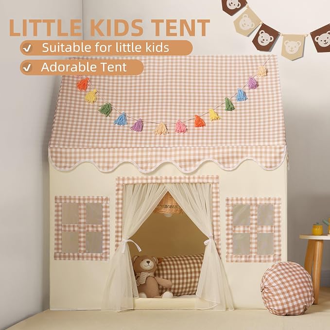 Kids Play Tent Indoor: with Brown Checkered, Rainbow Tissue Garland - Image 2