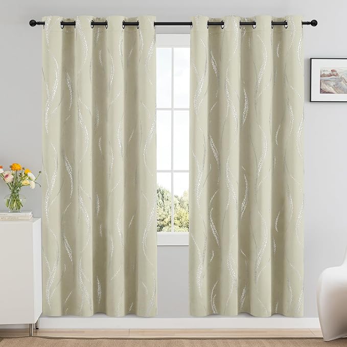 Yakamok Cream Light Blocking Curtains 72 Inches Long Silver Print Wide 52" | - Image 2