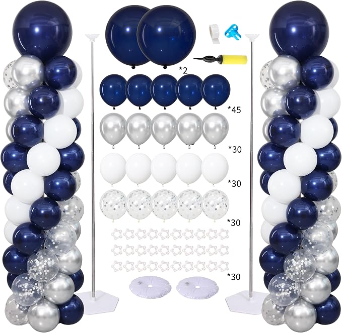 Navy Blue and Silver Balloon Column Stand Kit Set of 2 by ZyloonDecoration