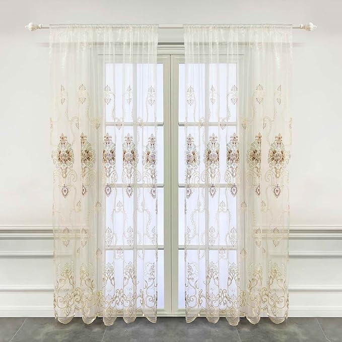 1pc Luxury Embroidered Floral Sheer Tulle Curtain - Image 2