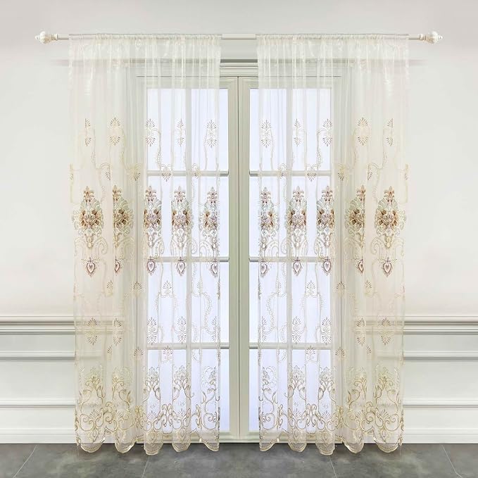 1pc Luxury Embroidered Floral Sheer Tulle Curtain - Image 3