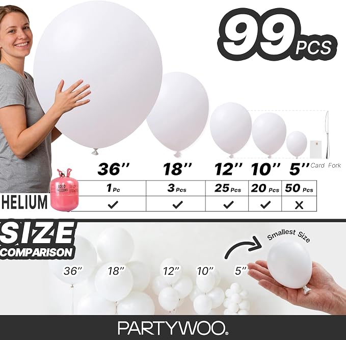 PartyWoo White Balloons 99pcs Matte White Latex Balloons Different Sizes | 36 - Image 6