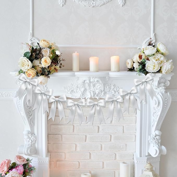 1 String of 8PCS White Bow Garland Banner Decoration, Pre-Strung Satin Ribbon - Image 8