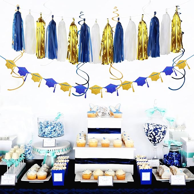 Navy-Blue White Gold Graduation Party-Decorations Garland - Image 5
