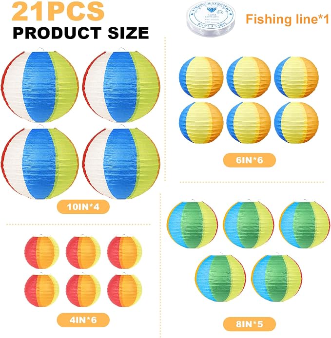 21Pcs Beach Ball Paper Lanterns, 4-10in Multicolor, Summer Luau Pool Decor | - Image 2