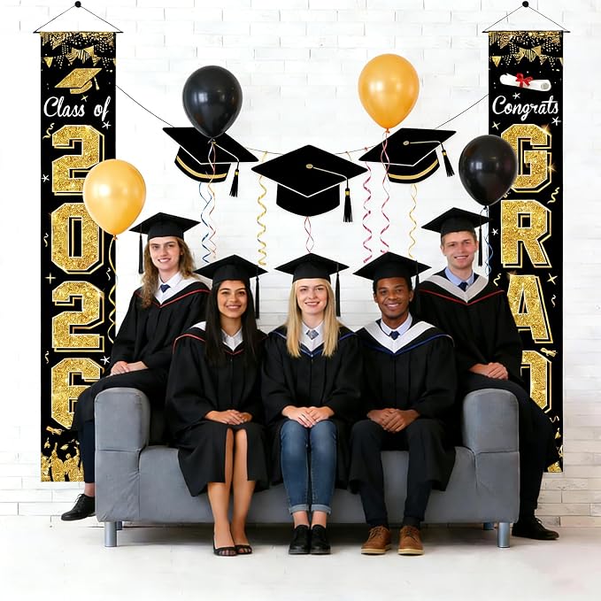 Class of 2026 GRAD Banner Porch black and gold graduation decorations，Welcome - Image 3