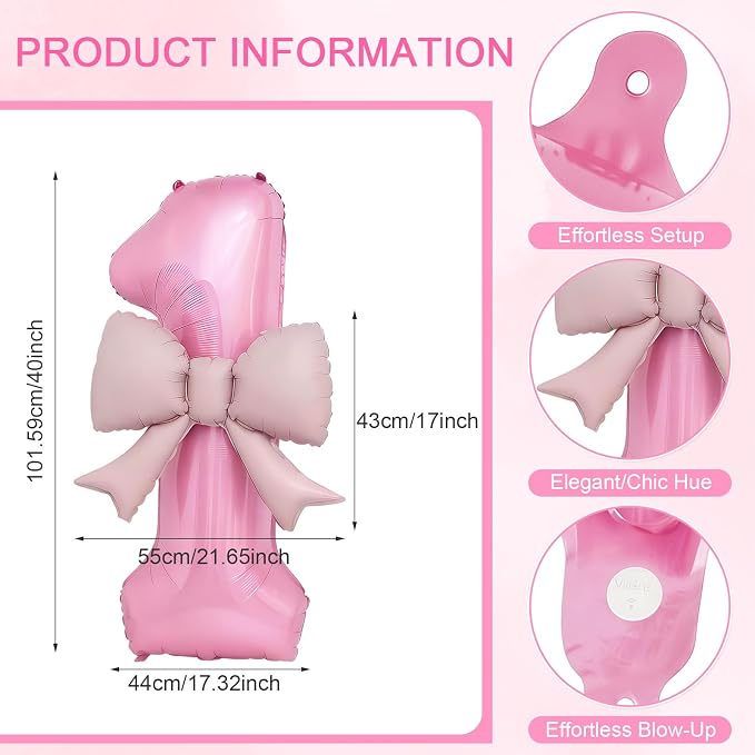 Bow Pink 1 Balloons, 40 Inch Giant Pink Bow Helium Foil Number 1 - Image 2