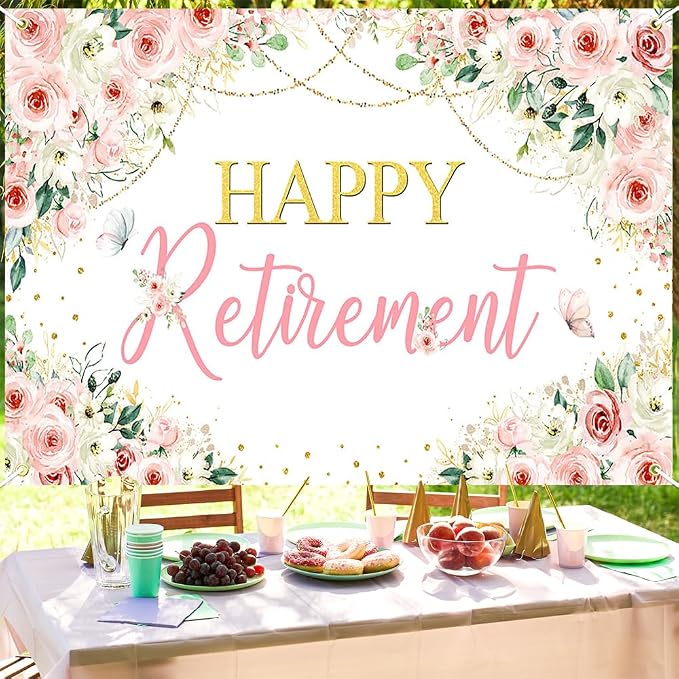 Mocsicka Happy Retirement Backdrop Pink Floral Women Retirement Banner Party - Image 7
