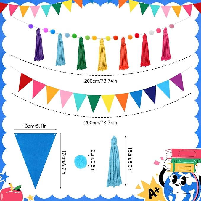 Jansun 4Pack 26.3ft Rainbow Tassel Pom Pom Garland Felt Bunting Banner | - Image 2