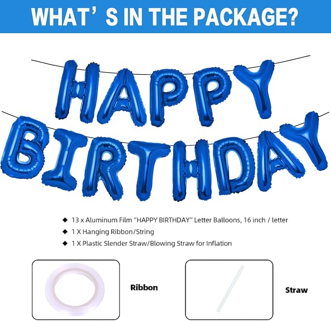 PIGETALE 16 Inch Royal Blue Happy Birthday Balloon Banner, Unisex Party Supplies - Image 7