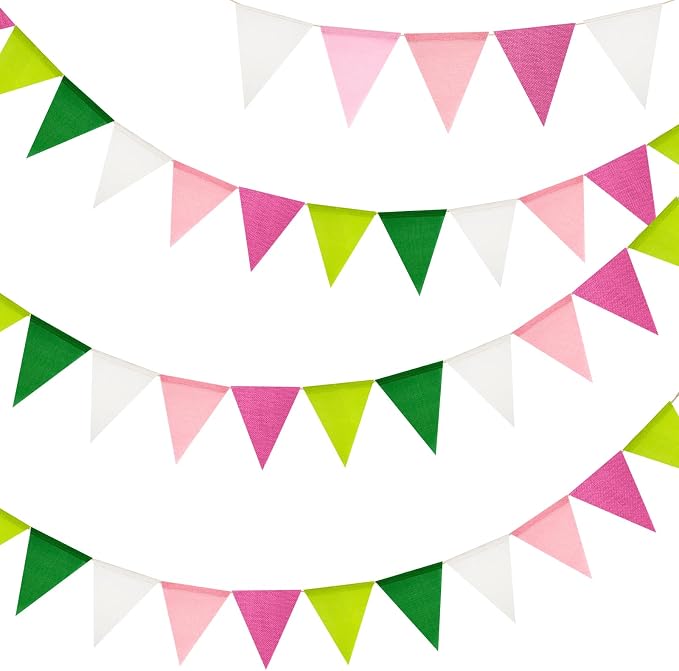 G2PLUS Pre-Strung Burlap Pennant Banners, 39Ft Pink and Green Fabric Triangle by G2PLUS