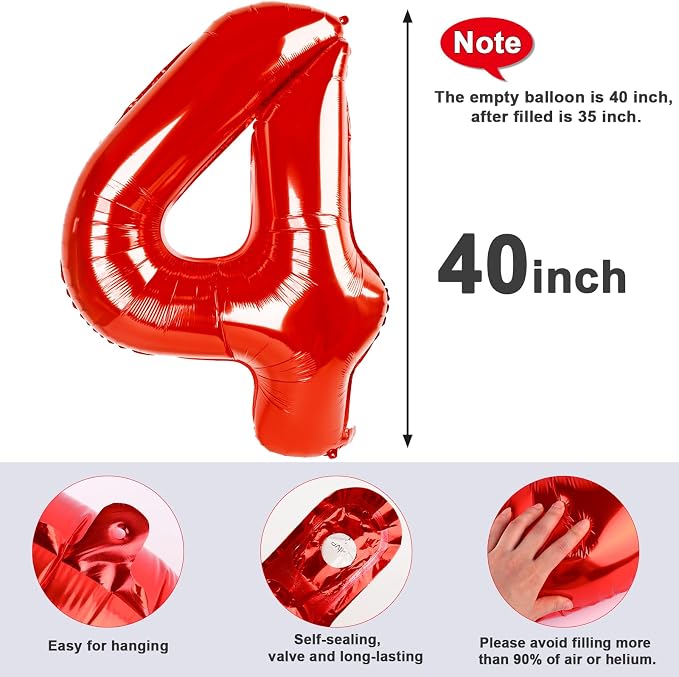 4 Balloon Numbers Party Decorations, 40In Red Balloons - Image 5