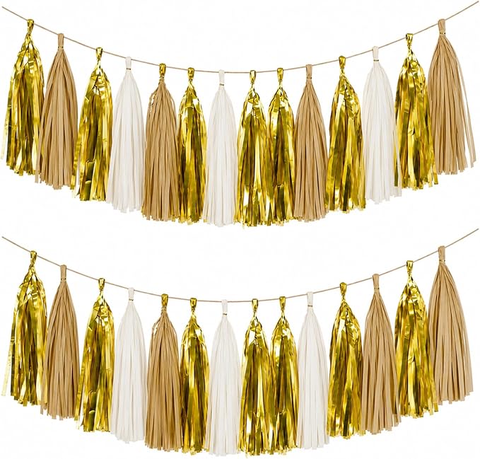 Gold Cream Khaki Tassel Garland Banner, 30 Pack Paper Tassels Streamers by SIPRKAICT
