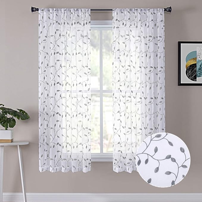 Tollpiz Leaves Sheer Curtain Grey Leaf Embroidery Living Room Curtains Rod by Tollpiz