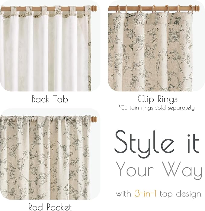 Grey Floral Linen Lined Curtains Rod Pocket 50W X 96L 2 Panels | Charlotte - Image 6