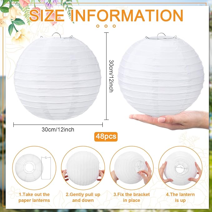 Treela 48 Pack White Chinese Japanese Paper Lanterns Decorative Hanging Round - Image 2