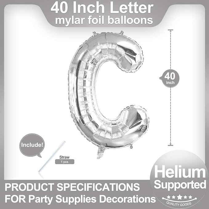 40 Inch Silver Letter C Balloons, DIY Phrase Foil Alphabet Letter C Balloons - Image 2
