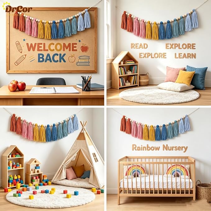 DrCor Boho Rainbow Tassel Garland – Classroom Decor | Earth tone handcrafted - Image 5