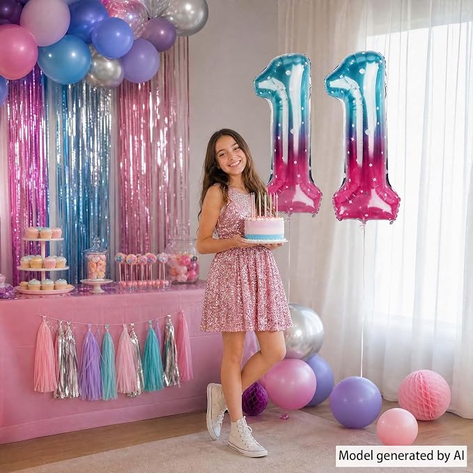 40 Inch Blue Pink Number 11 Balloon, Ombre Star Foil Helium Birthday Decor | - Image 5