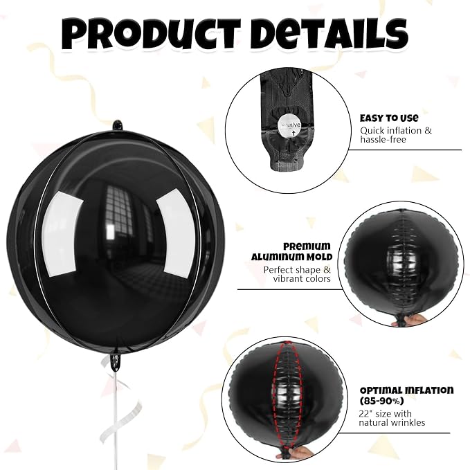 Black Balloons Foil, Metallic Black 4D Ball Balloons, 22 Inch Round Balloon - Image 8