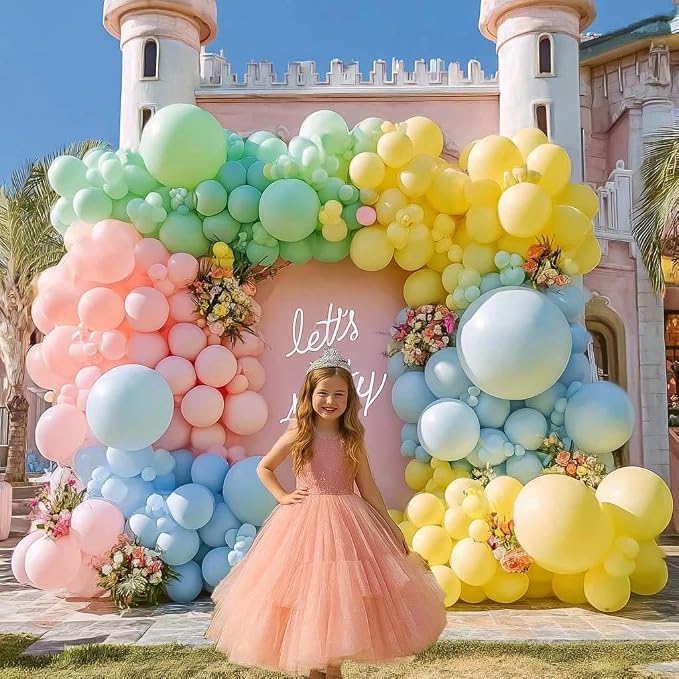 Pastel Balloon Arch Double Stuffed Pink Yellow Blue Green Balloons Different - Image 2