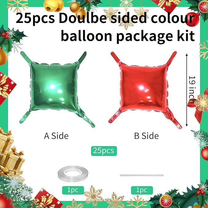 Metallic Green and Red Double Sided Square Foil Balloons Wall, 19 Inches Foil - Image 2