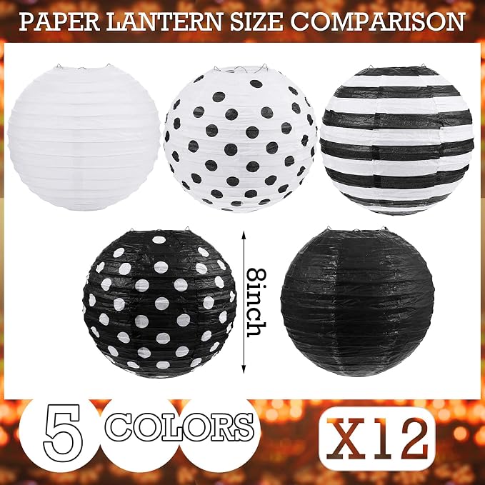 Treela 12 Pack Black and White Paper Lanterns Back to School 8" Round Hanging - Image 2