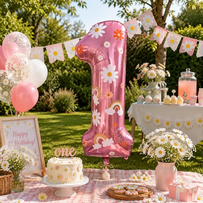 2nd Birthday Daisy Balloon, 40 Inch Pink Number 2 Boho Party Decor | Daisy - Image 4