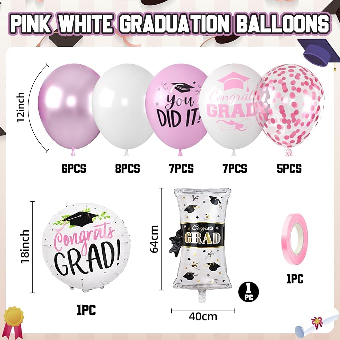Pink Graduation Balloons, Grad Round Foil Balloons, Metallic Confetti Pink - Image 2