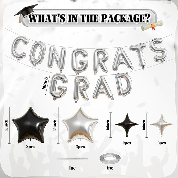 Congrats Grad Balloons, 16 Inch Black Silver Congrats Grad Letters Banner - Image 2