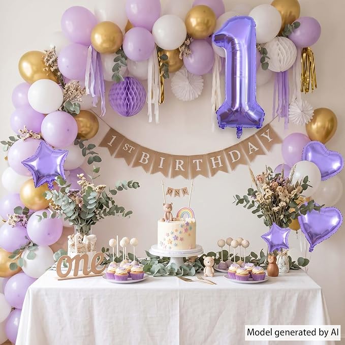 Purple Number 1 Balloon 40 Inch, Large Lavender Mylar Foil Balloons, Metallic - Image 7