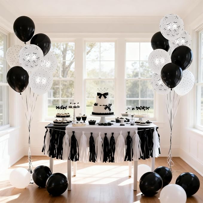 Black and White Bow Balloons, Pearl Black White Bow Print Latex Balloons - Image 6
