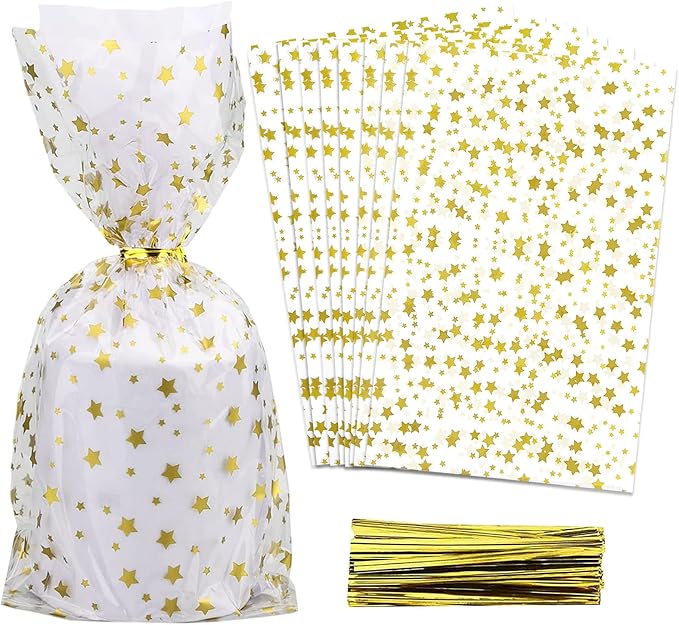 100 Pcs Star Printed 5"X 11" Gift Wrap Cello Cellophane Treat Bags Party Favor by COQOFA