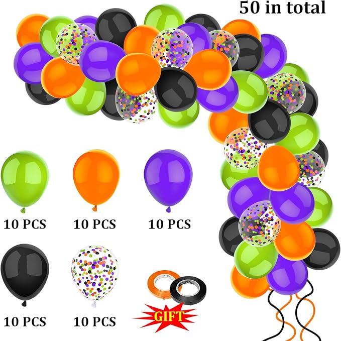 50 Pcs 12 Inch Halloween Balloons Orange Black Purple Green Confetti Balloons - Image 3