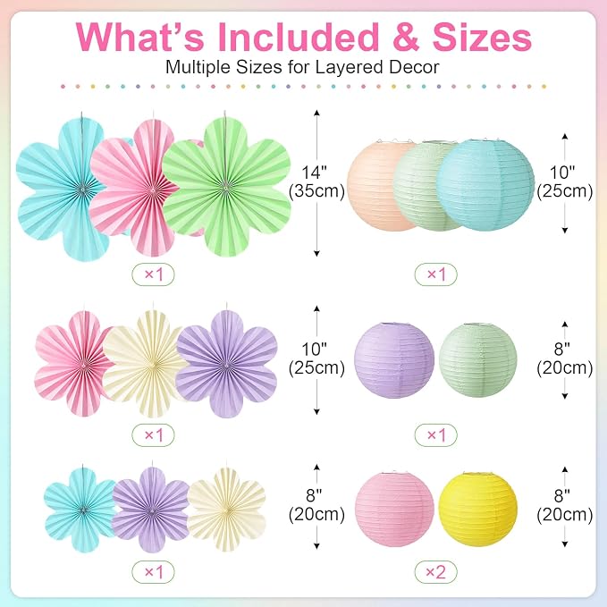 Pastel Classroom Ceiling Decor, 18-Pc Hanging Paper Lanterns & Flower Fans | - Image 3