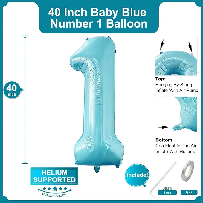 2Pcs Light Blue One Balloon for Birthday Party Decoration | Large Foil Helium - Image 2
